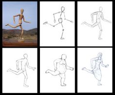 four different poses of a person doing various things in front of them, including a mannequin