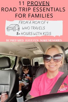 a woman sitting in the back seat of a car next to a child wearing sunglasses