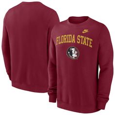 Proudly show off your die-hard loyalty to the Florida State Seminoles by wearing this Legacy Classic Arch Over Logo sweatshirt. Constructed by Nike, this pullover features stunning Florida State Seminoles graphics across the chest. The soft fabric and classic construction will ensure you stay comfortable all day long. Nike Collegiate Long Sleeve T-shirt, Nike Collegiate Tops For Fall, Nike Long Sleeve Fan Gear Top, Nike Crew Neck Tops For College, Nike Cotton Sweatshirt For Fans, Collegiate Nike Sweatshirt For College, Nike Crew Neck Top With Embroidered Logo, Nike Tops For College In Fall, Nike Long Sleeve Top For Game Day