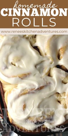 homemade cinnamon rolls with icing on top in a baking pan, ready to be eaten