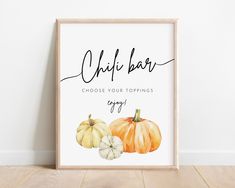 a poster with three pumpkins and the words chalk bar choose your toppings on it