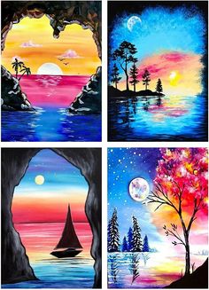 four different paintings of trees and water at night, with the moon in the sky