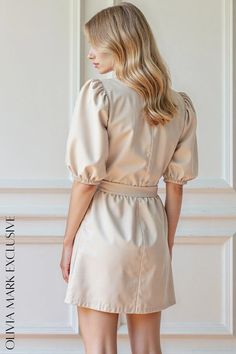 Olivia Mark - Elegant Satin Wrap Front Mini Dress with Puffed Sleeves Dress With Puffed Sleeves, Puffed Sleeves, Olivia Mark, Puff Sleeve, Satin, Mini Dress