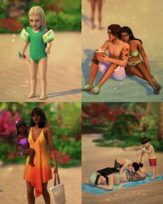 four different images of people in bathing suits and bikinis, one is holding a baby