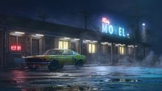 a car parked in front of a motel on a rainy night with the neon sign lit up