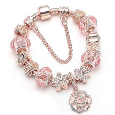 18K Rose Gold Plated Crystal Charm Bracelet Made With Crystals From Swarovski Chunky Charm Bracelet, Charm Bracelets For Girls, Flower Charm Bracelet, Jewelry Accessories Ideas, Pandora Bracelet Charms, Blue Jewelry, Pandora Bracelets, Crystal Charm, Girly Jewelry