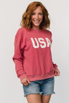 USA Sweater Top | Washed Red Casual American Flag Print Tops For Fall, Red Patriotic Top For Fall, Casual Fall Tops With Flag Print, Casual Flag Print Tops For Fall, Casual Tops With Flag Print For Fall, Casual White Sweatshirt With American Flag Print, American Flag Print Relaxed Top For Fall, American Flag Print Relaxed Fit Top For Fall, Casual Sweatshirt With American Flag Print For Fall