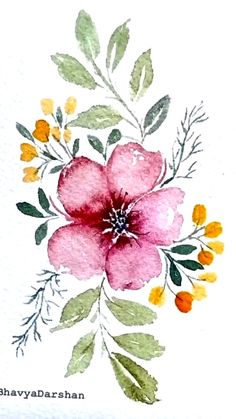 a watercolor painting of pink flowers with green leaves and yellow berries on white paper