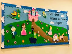 a bulletin board with princesses and fairy tales written on the front, along with other magnets