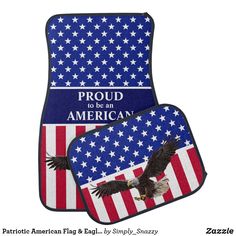 two american flag and eagle car mats with the words proud to be an american on them