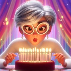 an animated woman blowing out candles on a cake with her eyes wide open while wearing glasses