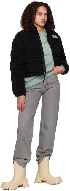 Down-filled quilted sherpa fleece jacket. · Funnel neck · Zip closure · Logo embroidered at chest and back · Zip pockets at waist · Concealed bungee-style drawstring at hem · Elasticized cuffs · Zip pocket at interior · Full satin lining Supplier color: Black Fill: 75% recycled down, 25% recycled feathers. North Face Clothing, Sherpa Fleece Jacket, North Face Outfits, Black North Face, Sherpa Fleece, Funnel Neck, Logo Embroidered, Funnel, Luxury Streetwear