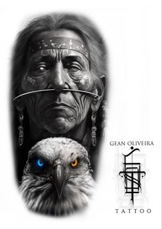 an old man with blue eyes and feathers on his head is depicted in this tattoo design