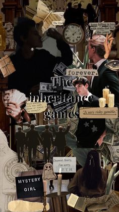 collage of images with words and pictures on them, including an image of a man in a suit