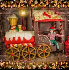 a digital painting of a christmas train with a elf sitting on the front and side