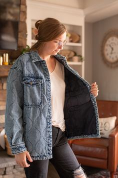 Our Vintage Denim Shacket is the perfect blend of style and function. An eye-catching washed quilted jacket with flap and side pockets means you can look great while carrying what you need. While staying warm with a lined inside layer. Perfect for any adventure! True to size with a slight oversized feel. Utility Denim Button-up Shacket, Relaxed Fit Washed Button-up Shacket, Washed Relaxed Fit Button-up Shacket, Denim Blue Relaxed Fit Button-up Shacket, Button-up Washed Blue Shacket With Pockets, Boutique Design, Chic Boutique, Quilted Jacket, Vintage Denim