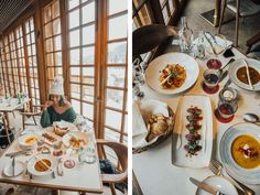 two pictures of people sitting at a table with food on it