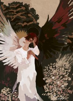 an angel with red hair and white dress standing in front of a black background holding his hands to his face