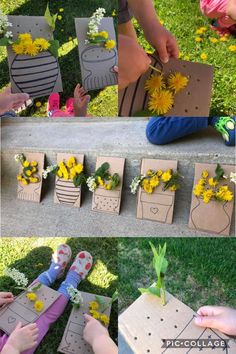 some people are making flower boxes out of cardboard and flowers on the ground in front of them