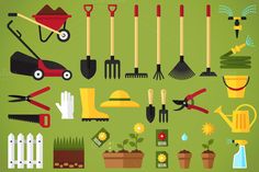 gardening tools and flowers on a green background