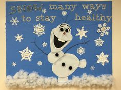 Bulletin board for the winter. Olaf from frozen designed by my coworker and I for the nurses office Frozen Bulletin Board, Education Bulletin Boards, Snowman Bulletin Board, December Bulletin Boards