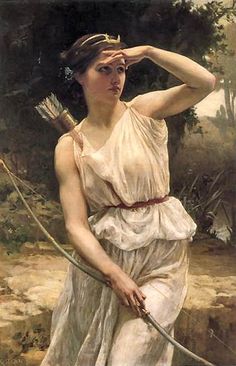 a painting of a woman in white dress holding a bow and arrow with one hand