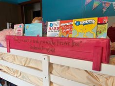 there are books on top of the bunk bed and stuffed animals in the back ground