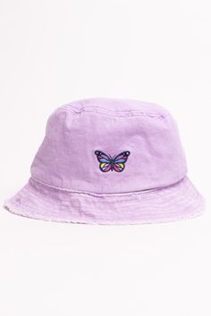 Butterfly Embroidered Lavender Frayed Brim Bucket Hat Embroidered Lavender, Recycle Clothes, Embroidered Denim, Vintage Apparel, Smiley Face, Smiley, Bucket Hat, Accessories Hats, Vintage Outfits