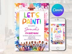 an image of a birthday party with paint brushes and watercolors on the phone