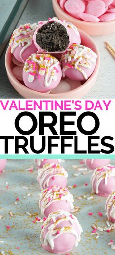 valentine's day oreo truffles with pink frosting and sprinkles