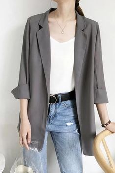 Summer Casual Chffion Blazer Women Thin Sexy SunBlock Blazer Jacket Solid Color Three Quarter Sleeve Blazer Office Lady Cardigan Three Quarter Sleeve Blazer, Sunscreen Clothing, Pockets Fashion, Blazers For Women, Gray Jacket, Outerwear Women, Jacket Outfits