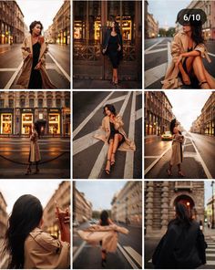 a collage of photos showing women in different outfits and shoes on the street at night