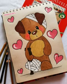 a drawing of a teddy bear with hearts on it