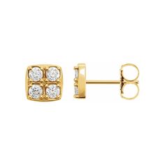 A simple and sophisticated appeal with these classic stud earrings. Metal: 14K gold Diamond Quality: G-H color, I1 clarity Diamond Weight: 8 total stones, .5 carats total Edelweiss Jewelry, Gold Diamond Earrings Studs, Gold Diamond Studs, Earrings Metal, Perfect Engagement Ring, Diamond Earrings Studs, Diamond Studs, Meaningful Gifts, Prong Setting