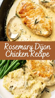 rosemary dijon chicken recipe in a skillet with green beans and mashed potatoes