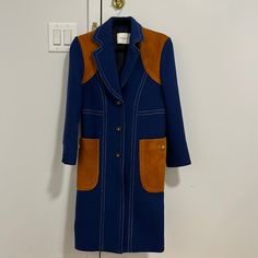 Never Worn. Beautiful Jacket Tailored Navy Outerwear For Spring, Designer Navy Outerwear With Pockets, Designer Navy Single-breasted Outerwear, Blue Outerwear With Button Closure For Fall, Chic Blue Outerwear For Work, Royal Blue Winter Outerwear For Work, Chic Fitted Blue Outerwear, Blue Fitted Long Coat, Coach Fitted Winter Outerwear