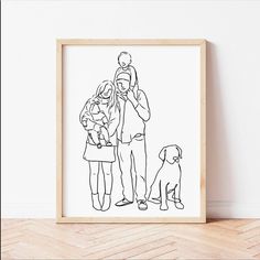 a black and white drawing of a man holding a child while standing next to a dog