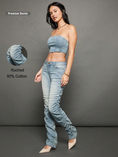 Light Wash Casual Collar  Denim Plain Straight Leg Embellished Slight Stretch  Women Clothing Ripped Fitted Flare Cotton Jeans, Fitted Ripped Cotton Flare Jeans, Fitted Cotton Ripped Flare Jeans, Ripped Washed Blue Cotton Flare Jeans, Fitted Distressed Light Wash Flare Jeans, Fitted Distressed Jeans For Spring, Trendy Fitted Cotton Flare Jeans, Spring Distressed Fitted Jeans, Fitted Distressed Washed Blue Bottoms