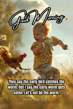 a baby sitting on top of a grass covered field next to a chicken and rooster