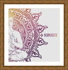 a cross stitch pattern with the words namaste in gold and purple on a white background