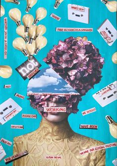 a collage of various objects including flowers, cassettes and other things on a blue background