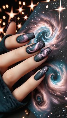 Gem Stone Nail Art, Nail Galaxy Design, Galaxy Nail Art Designs, Galaxy Nails Designs, Nail Designs Galaxy, Galaxy Nails Acrylic, Black Celestial Nails, Space Nails Galaxy, Purple Galaxy Nails