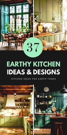 the kitchen and dining room are featured in this article, which includes green cabinetry