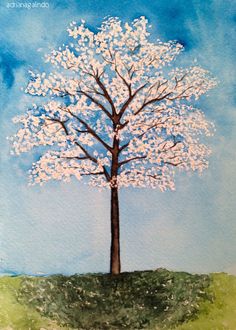 a painting of a white tree with blue sky in the background