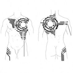 an image of a man's torso with circles and lines on the side, in black and white