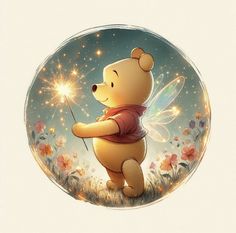 winnie the pooh is holding a sparkler in its hand and looking at it