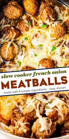 slow cooker french onion meatballs in a white bowl with text overlay that reads slow cooker french onion meatballs made with 4 simple ingredients - easy dinner