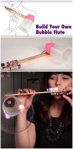 a woman holding a toothbrush in front of her face with the words build your own bubble flute