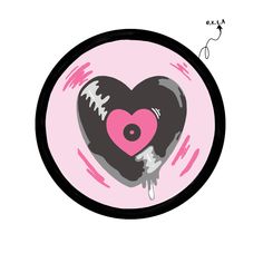 a pink and black heart in a circle with the word love on it's side