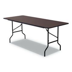 a rectangular table with black legs and a dark brown top, viewed from the front